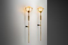 Pair of Extra Large Brass and Opal Glass Wall Lamps Europe 1960s - 4081051