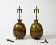 Pair of Extra Large Ceramic Lamps with a Wonderful Moss Colored Glaze  - 4021698