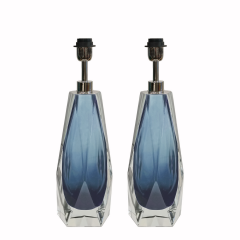 Pair of Faceted Gray Blue Murano Glass Table Lamps Medium - 4592279