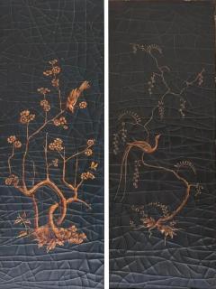 Pair of Faux Bamboo Hand Painted Black Gold Chinoiserie Panels - 4060945