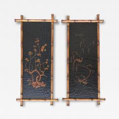 Pair of Faux Bamboo Hand Painted Black Gold Chinoiserie Panels - 4060947