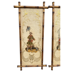 Pair of Faux Bamboo Hand Painted Chinoiserie Panels - 4059524