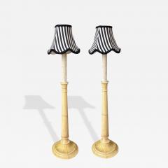 Pair of Faux Ivory Candlestick Table Lamps W Parisian Striped Shades - 4553581