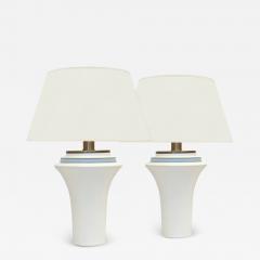 Pair of Flared White Porcelain Table Lamps with Blue Banded Neck - 4023366