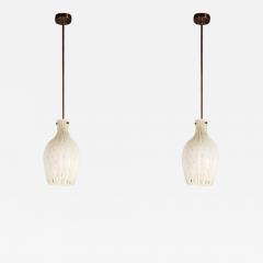 Pair of Fluted Urn Form Murano White Glass Pendants with Antiqued Brass Fittings - 3115551