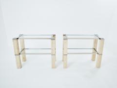 Pair of Fran ois Catroux chrome and travertine console tables 1973 - 3417444