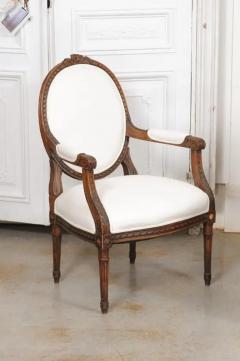 Pair of French 1850s Louis XVI Style Walnut Oval Back Upholstered Armchairs - 3441645