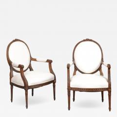 Pair of French 1850s Louis XVI Style Walnut Oval Back Upholstered Armchairs - 3444423