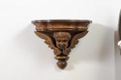 Pair of French 1880s Carved Walnut Brackets with Cherubs and Faux Marble Tops - 3432778