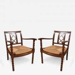 Pair of French 1940s Walnut and Rush Chairs - 3025173