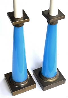 Pair of French 1950s Cerulean Blue Opaline Concical form Lamps - 3839940