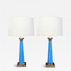 Pair of French 1950s Cerulean Blue Opaline Concical form Lamps - 3841267