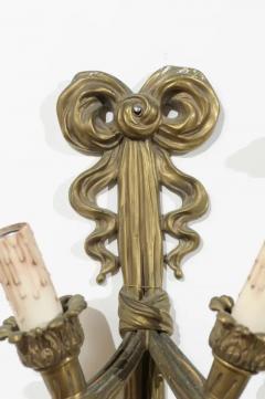 Pair of French 19th Century Bronze Two Light Ribbon Tied Wall Sconces Wired - 3424618