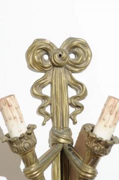 Pair of French 19th Century Bronze Two Light Ribbon Tied Wall Sconces Wired - 3424713