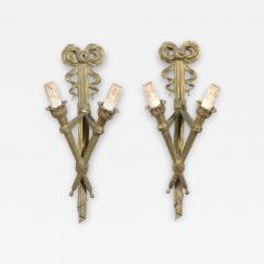 Pair of French 19th Century Bronze Two Light Ribbon Tied Wall Sconces Wired - 3435424