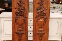 Pair of French 19th Century Carved Oak Vertical Panels with Bouquets in Vases - 3555841