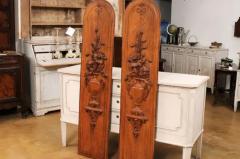 Pair of French 19th Century Carved Oak Vertical Panels with Bouquets in Vases - 3555956