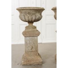 Pair of French 19th Century Cast Stone Urns on Pedestals - 1553057