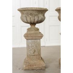 Pair of French 19th Century Cast Stone Urns on Pedestals - 1553057