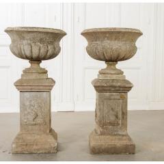 Pair of French 19th Century Cast Stone Urns on Pedestals - 1553077