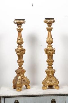Pair of French 19th Century Gilt Candlesticks with Carved Foliage and Volutes - 3432757
