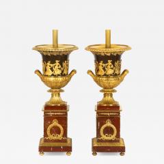 Pair of French 19th Century Neoclassical Bronze and Red Marble Lamps - 4504256