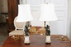 Pair of French 19th Century Neoclassical Style Marble and Bronze Putti Lamps - 3451087