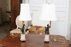 Pair of French 19th Century Neoclassical Style Marble and Bronze Putti Lamps - 3451204