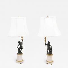 Pair of French 19th Century Neoclassical Style Marble and Bronze Putti Lamps - 3453045