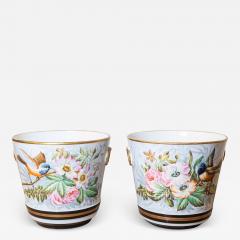 Pair of French 19th Century Paris Porcelain Cachepots Planters with Bird Motifs - 3663566