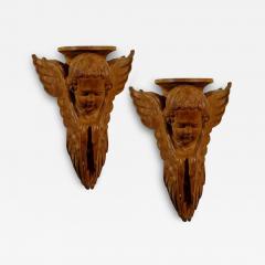 Pair of French 19th Century Wooden Wall Brackets with Carved Cherubs - 3425288