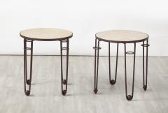 Pair of French Art Deco Iron and Travertine Circular Side Tables circa 1940 - 4423231