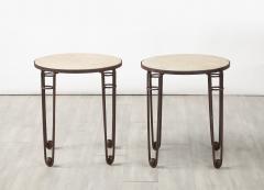 Pair of French Art Deco Iron and Travertine Circular Side Tables circa 1940 - 4423232