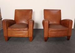 Pair of French Art Deco Leather Angled Back Club Chairs with Nailhead Decoration - 4696241