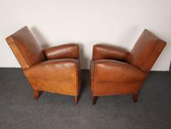 Pair of French Art Deco Leather Angled Back Club Chairs with Nailhead Decoration - 4696242