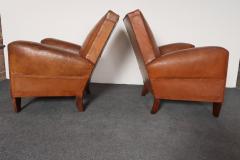 Pair of French Art Deco Leather Angled Back Club Chairs with Nailhead Decoration - 4696243