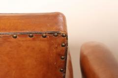 Pair of French Art Deco Leather Angled Back Club Chairs with Nailhead Decoration - 4696251