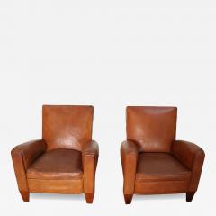 Pair of French Art Deco Leather Angled Back Club Chairs with Nailhead Decoration - 4697570