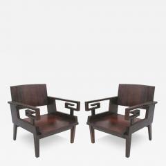Pair of French Art Deco Modern Neoclassical Teak Lounge Chairs - 4088516