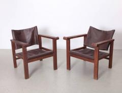 Pair of French Art Deco Reclining Sling Leather Lounge Chairs 1940s - 526693