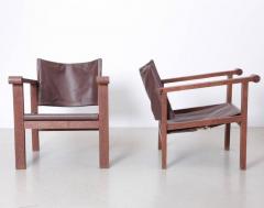 Pair of French Art Deco Reclining Sling Leather Lounge Chairs 1940s - 526694