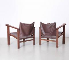 Pair of French Art Deco Reclining Sling Leather Lounge Chairs 1940s - 526695