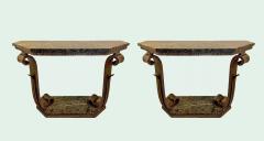 Pair of French Art Deco Wrought Iron Marble Consoles - 4494949