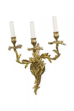 Pair of French Art Nouveau 3 Armed Brass Wall Sconces - 4655319