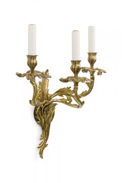 Pair of French Art Nouveau 3 Armed Brass Wall Sconces - 4655321