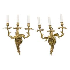 Pair of French Art Nouveau 3 Armed Brass Wall Sconces - 4708490