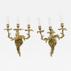 Pair of French Art Nouveau 3 Armed Brass Wall Sconces - 4708537
