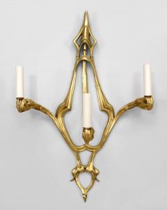 Pair of French Art Nouveau Bronze Dore 3 Arm Wall Sconces - 465395