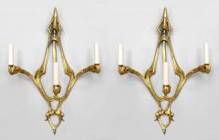 Pair of French Art Nouveau Bronze Dore 3 Arm Wall Sconces - 465396