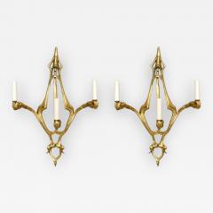 Pair of French Art Nouveau Bronze Dore 3 Arm Wall Sconces - 470468